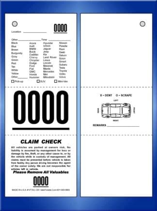 3-Part Vehicle List Valet Tickets, Car Back 1,000 #VT3VL-CB