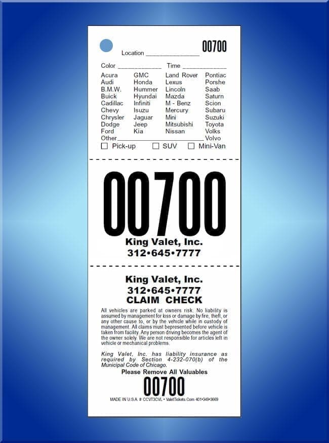 #CCVT3CVL        3 Part Chicago Code Vehicle List Valet Tickets