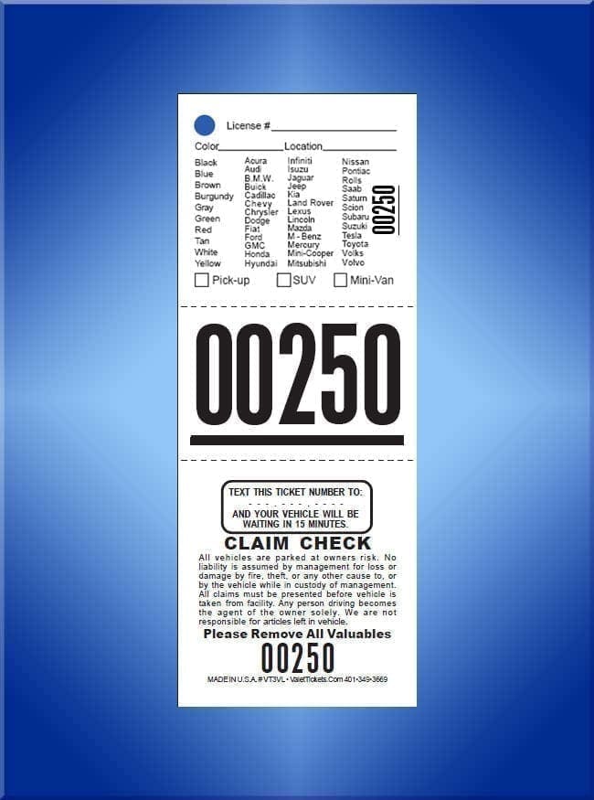 #TVT3VL      3 Part Write In Texting Valet Tickets Vehicle List