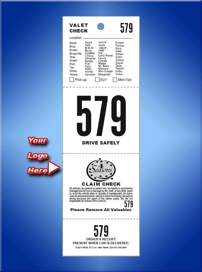 4 Part Custom Vehicle List Valet Tickets 1,000 #VT4CVL