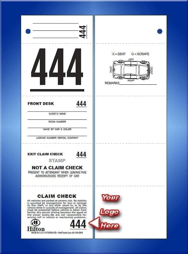 5 Part Custom Hotel Valet Ticket - 1,000 #VT5CHO-CB
